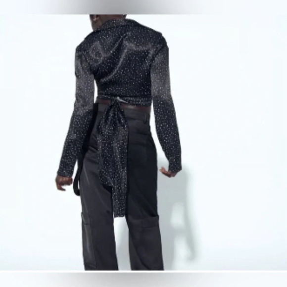 NWT ZARA Black Blouse White Mini Polka Dots Long Sash Wrap Top Collar LARGE - Picture 2 of 12